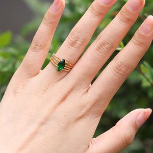 3/$35 18K Gold Plated Stacking Ring with Emerald Green Marquise Stone Dainty